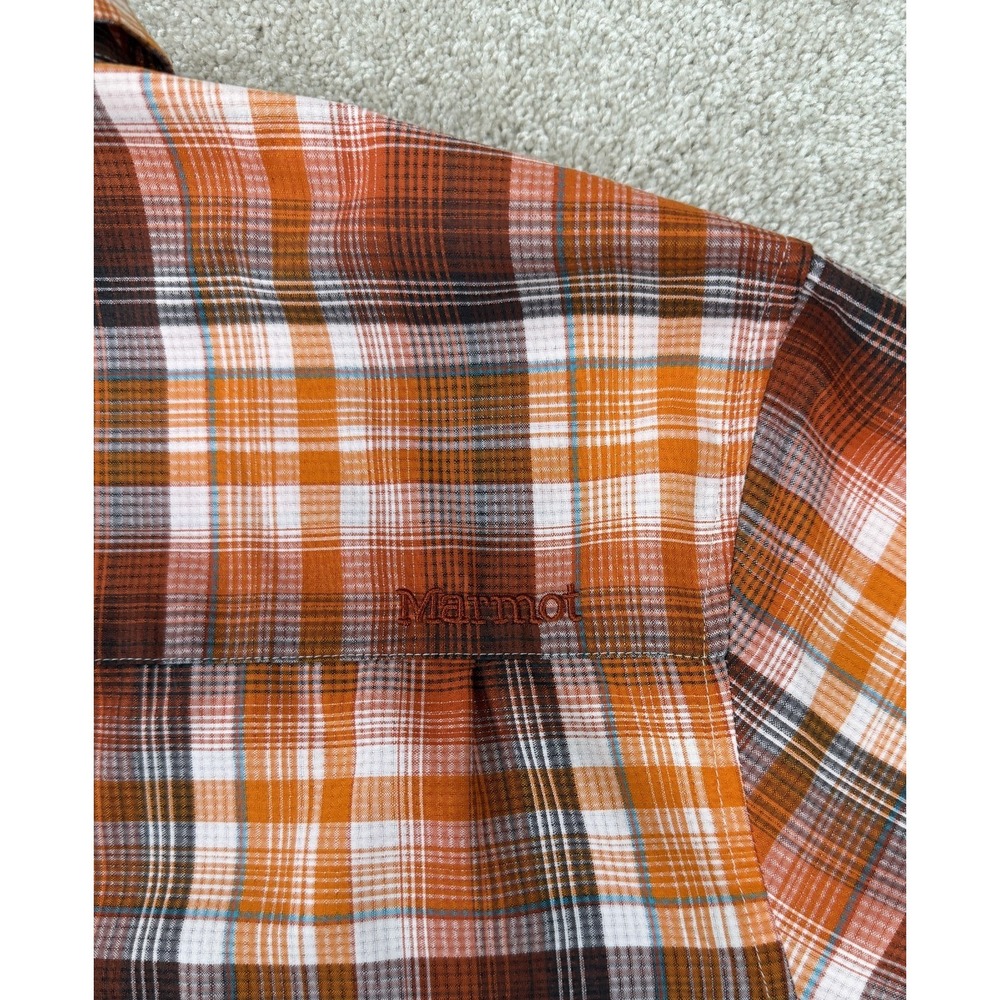 Marmot Button Down Shirt Mens XL Orange Plaid Short Sleeve Hiking Outdoor Casual - Picture 8 of 10